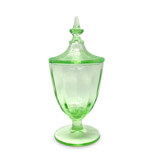 Vintage Green Vaseline Uranium Depression Glass Footed Candy Jar With Lid