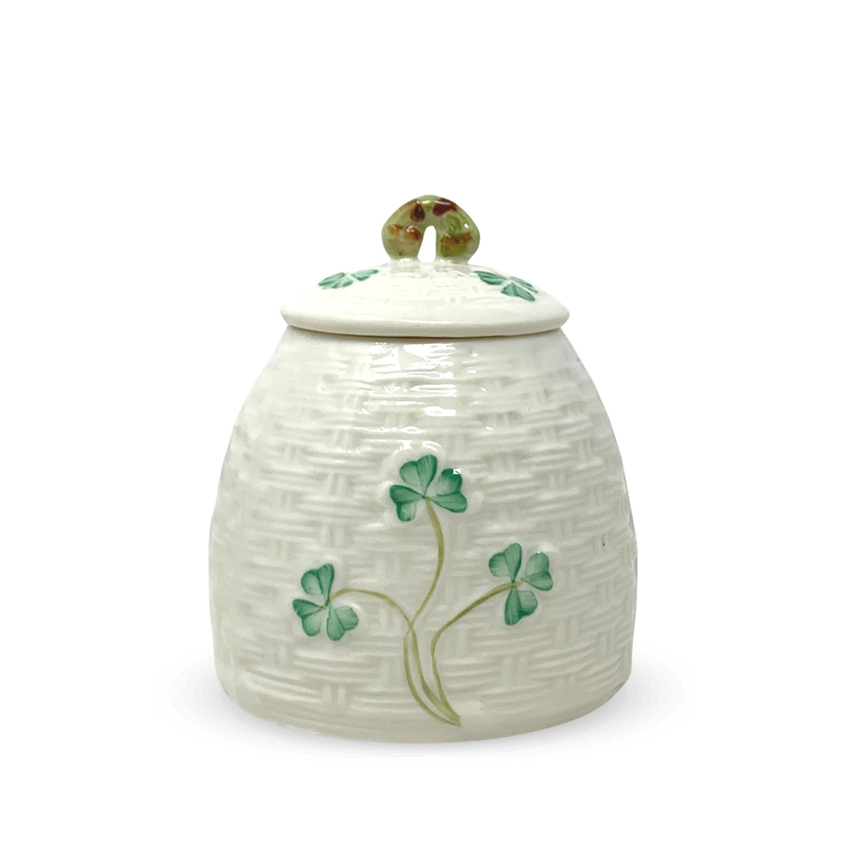 Belleek Basket Weave Shamrock Lidded Honey Pot