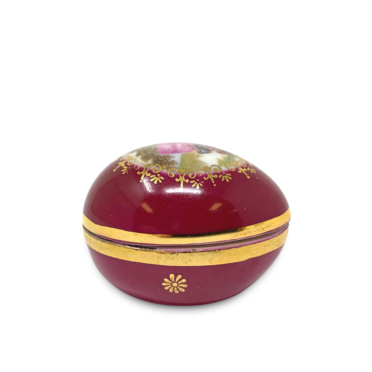 Limoges France Small Fuchsia Egg Trinket Box With Couple Courting