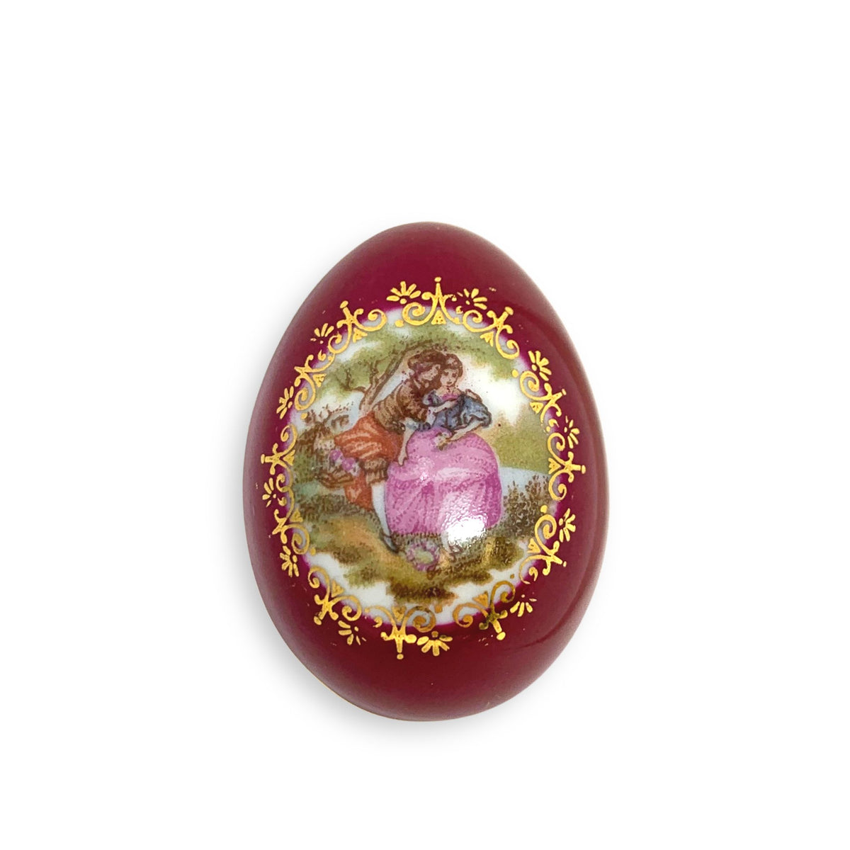 Limoges France Small Fuchsia Egg Trinket Box With Couple Courting