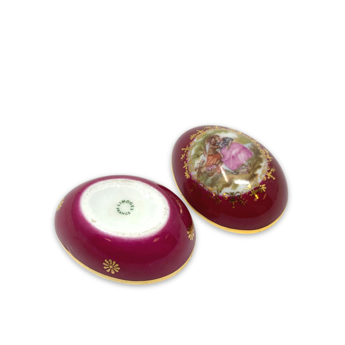 Limoges France Small Fuchsia Egg Trinket Box With Couple Courting