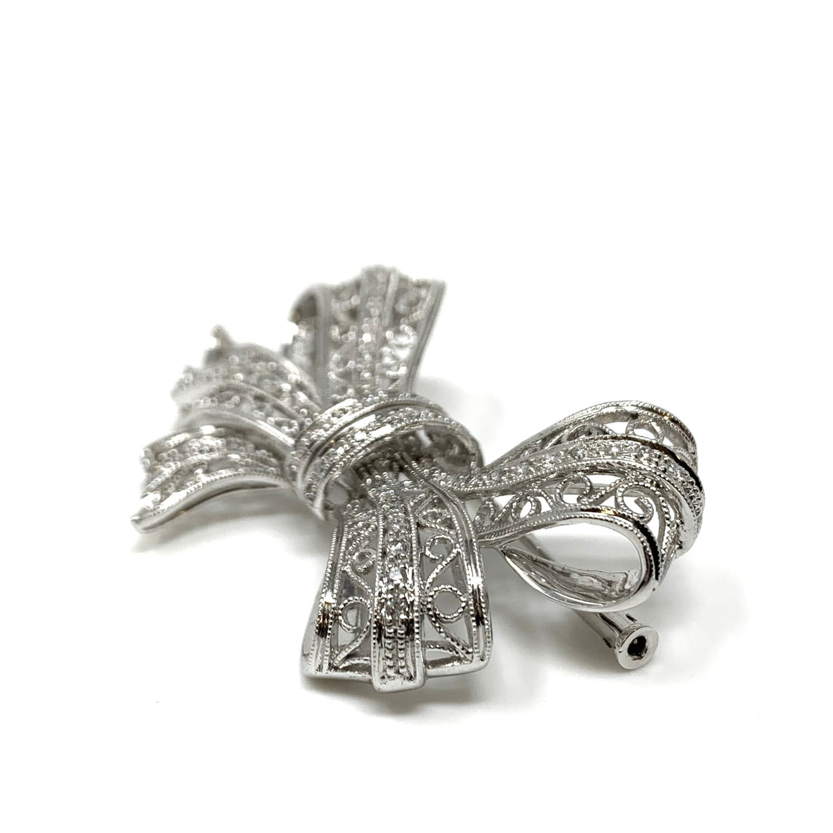 14K White Gold 60 Diamond Filigree Bow Brooch