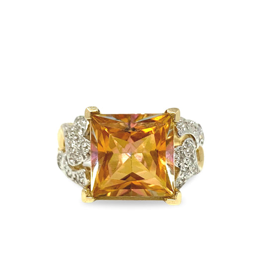 14K Gold Orange/Pink Citrine & Moissanite Ring - Size 7.25