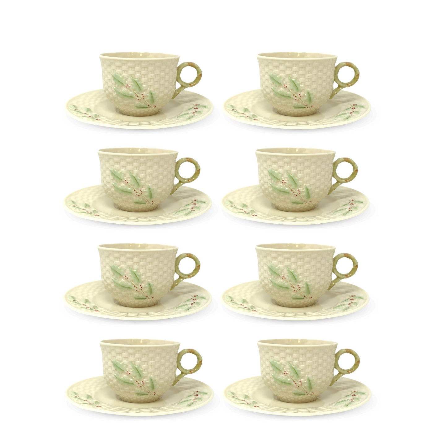 Belleek "Enchanted Holly" Set of 8 Cups & Saucers (16pcs)