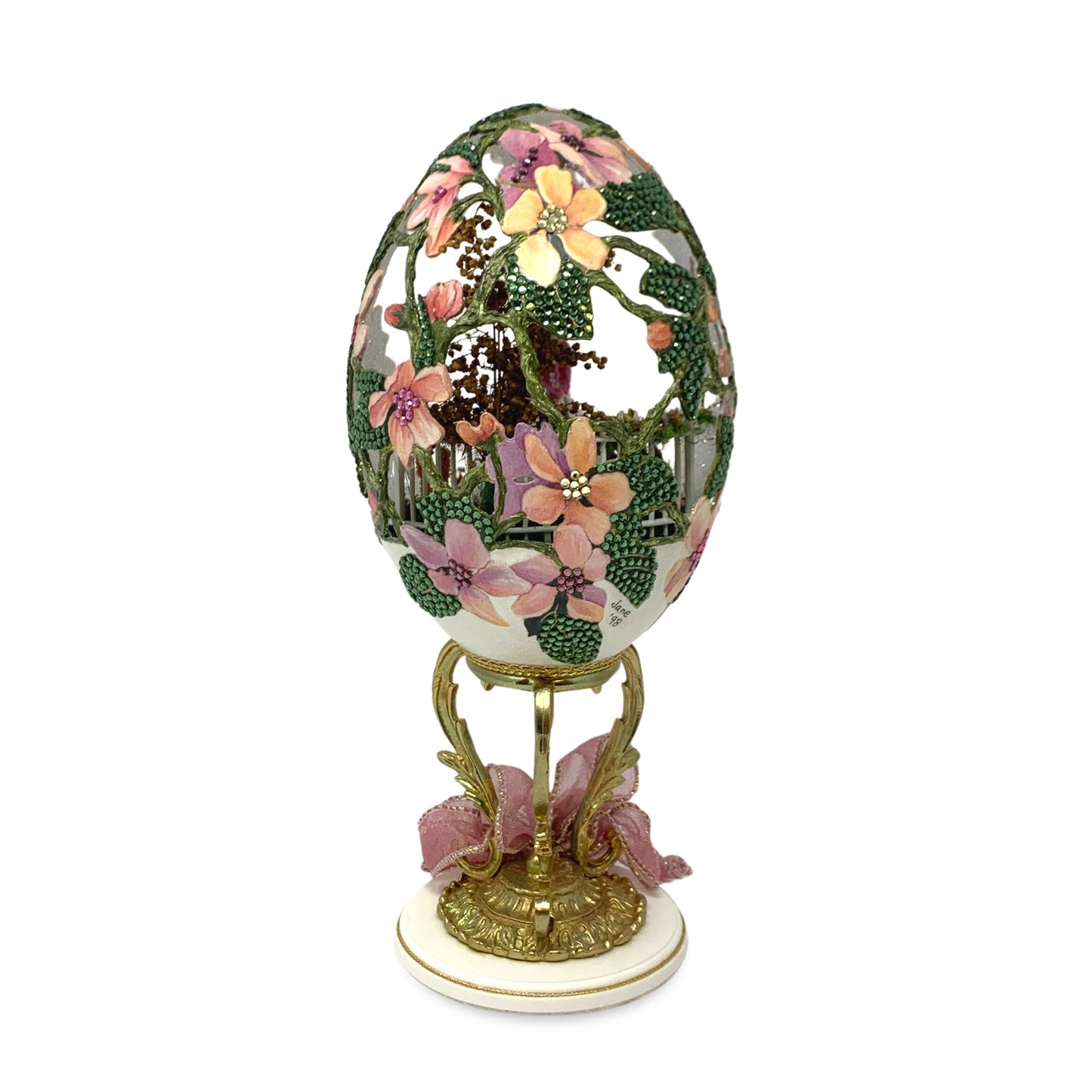 Spring Themed Hand Decorated Rhea Egg Under Glass Dome