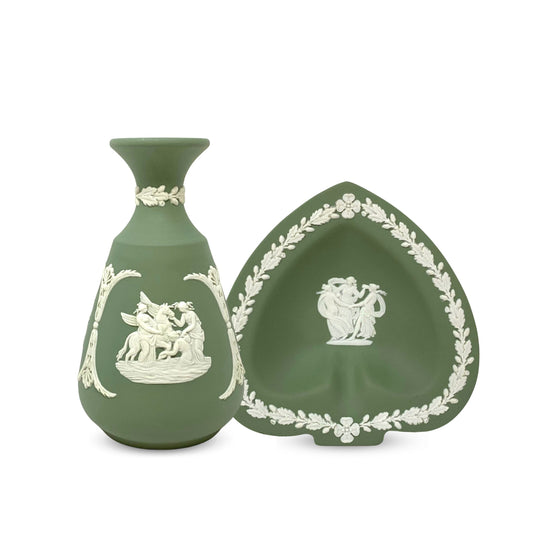 Wedgwood Sage Green Jasperware Small Bud Vase & Spade Dish (2pcs)