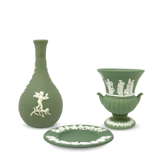 Wedgwood Sage Green Jasperware Vases & Ashtray/Trinket Dish (3pc Set)
