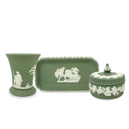 Wedgwood Sage Green Jasperware Trinket Box, Spill Vase, & Trinket Dish (3pcs)