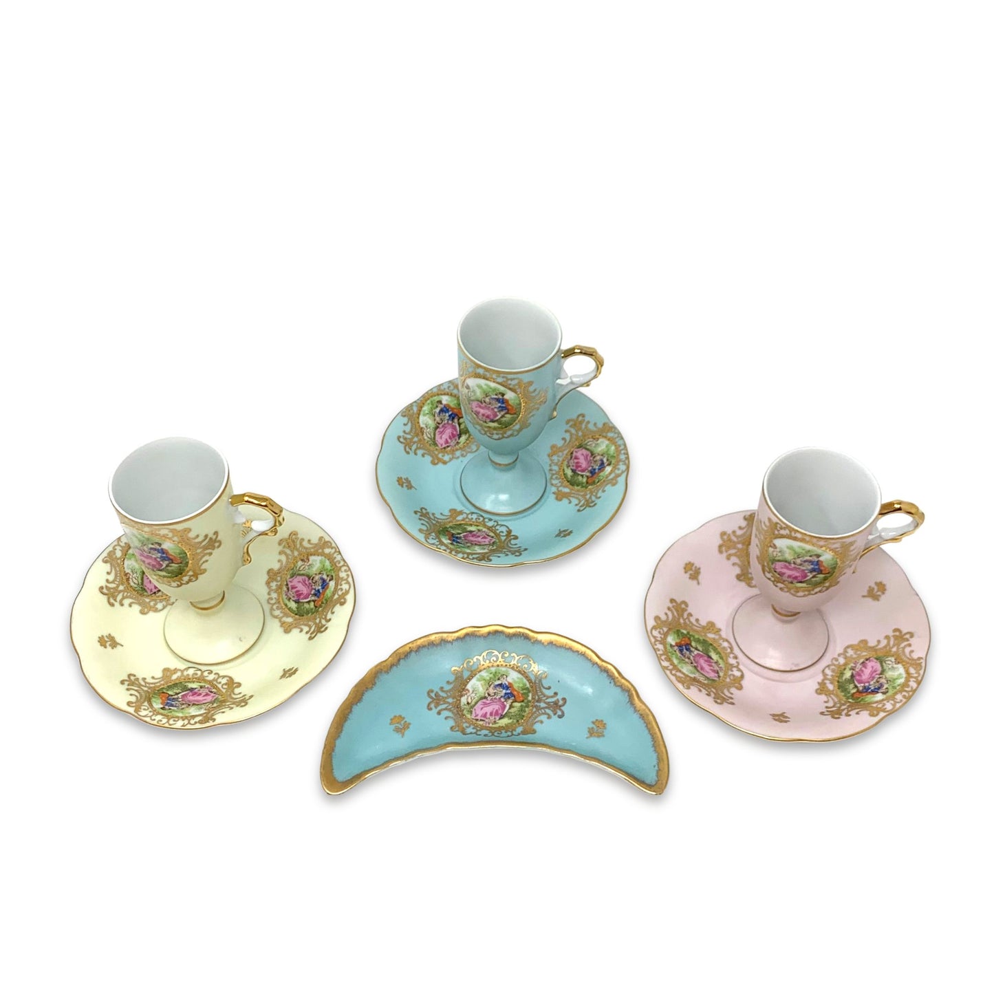 Lefton Courting Couple Footed Demitasse Cups & Saucers w/ Trinket Dish (7pcs)