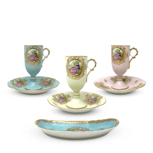 Lefton Courting Couple Footed Demitasse Cups & Saucers w/ Trinket Dish (7pcs)