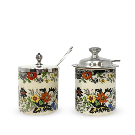 Royal Norfolk Staffordshire Lidded Jam/ Condiment Jars With Spoons (Pair)