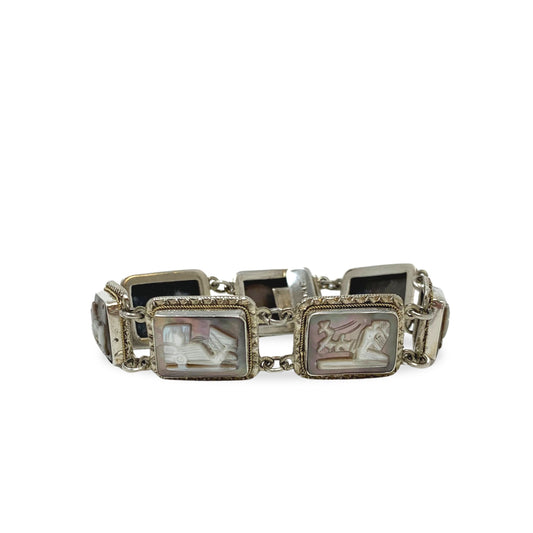 Italian .800 Silver & Carved Mother of Pearl Panel Story Bracelet