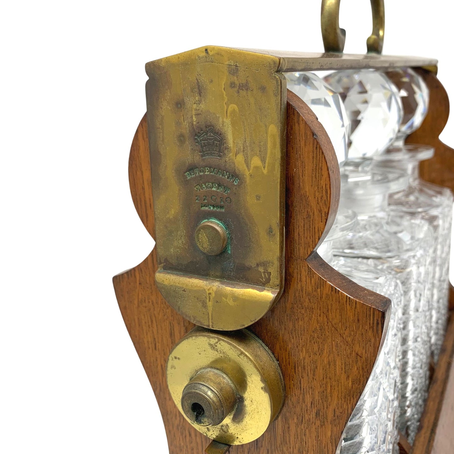 George Betjemann & Sons "The Tantalus" Oak & Brass 3-Bottle Liquor Case