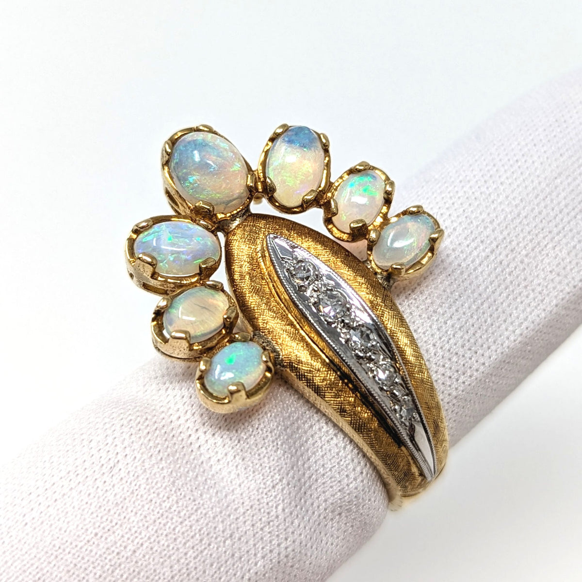 18K Gold Opal & Diamond Peacock Ring - Size 7