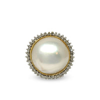 Vintage 14K Gold 21mm Pearl & Diamond Ring - Size 6