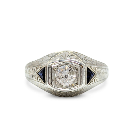 Antique 18K White Gold Men’s Diamond & Sapphire Ring - Size 8.5