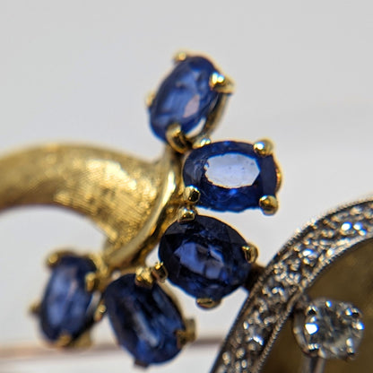 Vintage 18K Gold Sapphire & Diamond Peacock Brooch