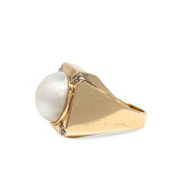 14K Gold 12mm Pearl & Diamond Ring - Size 7.75