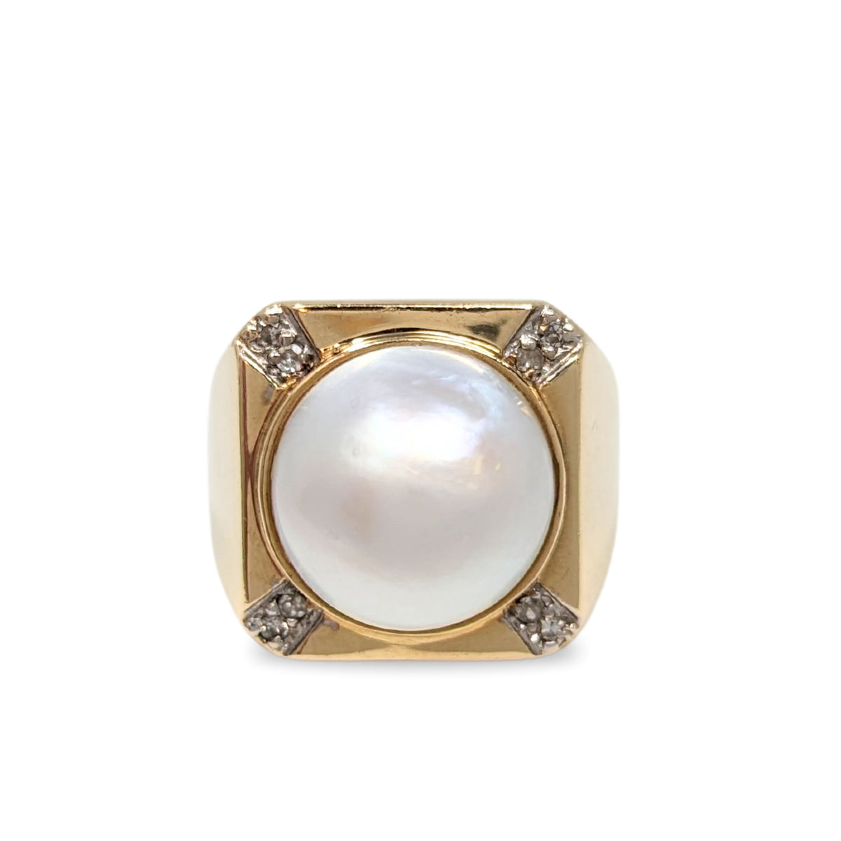 14K Gold 12mm Pearl & Diamond Ring - Size 7.75