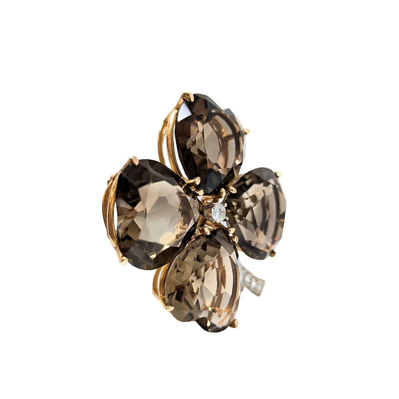 14K Gold Smokey Topaz & Diamond Clover Brooch