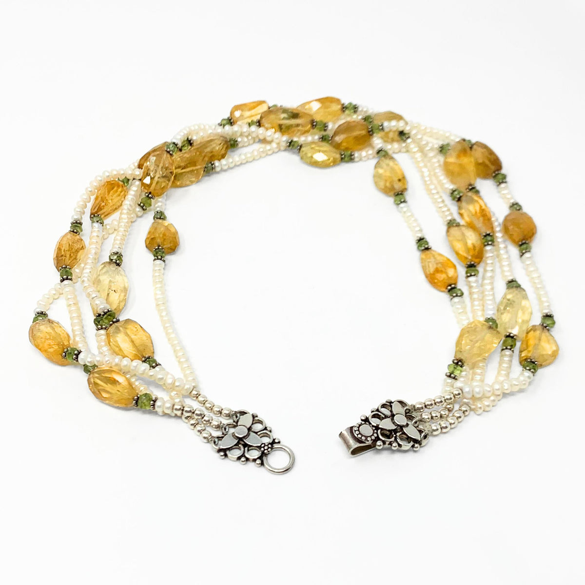 Peridot Pearl & Quartz Sterling Strand Necklace