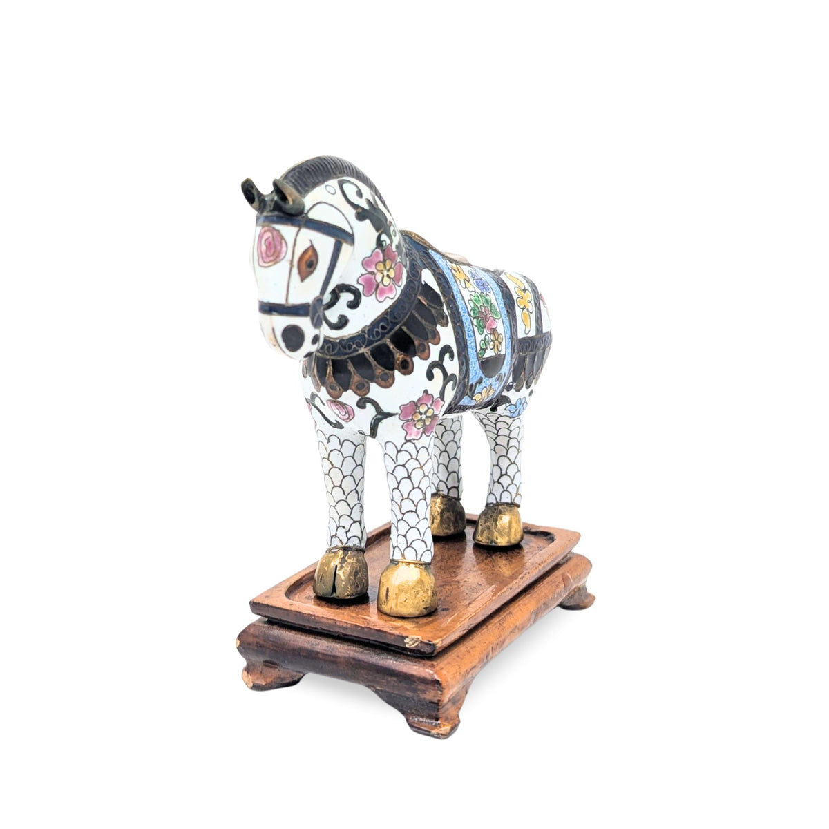 Vintage Chinese Cloisonné Battle Horse Figurine on Stand