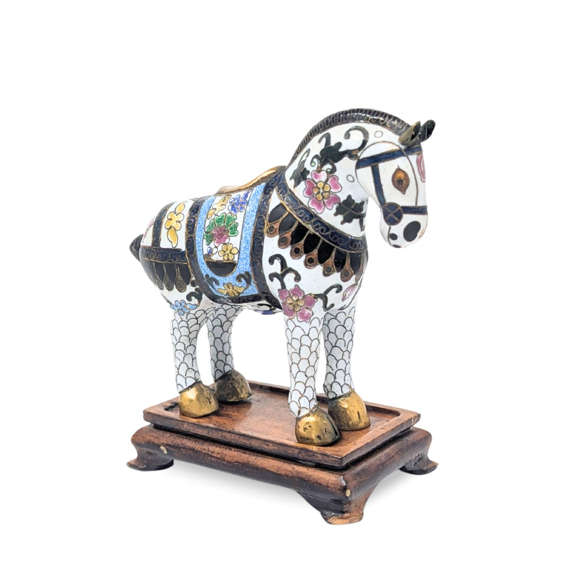 Vintage Chinese Cloisonné Battle Horse Figurine on Stand