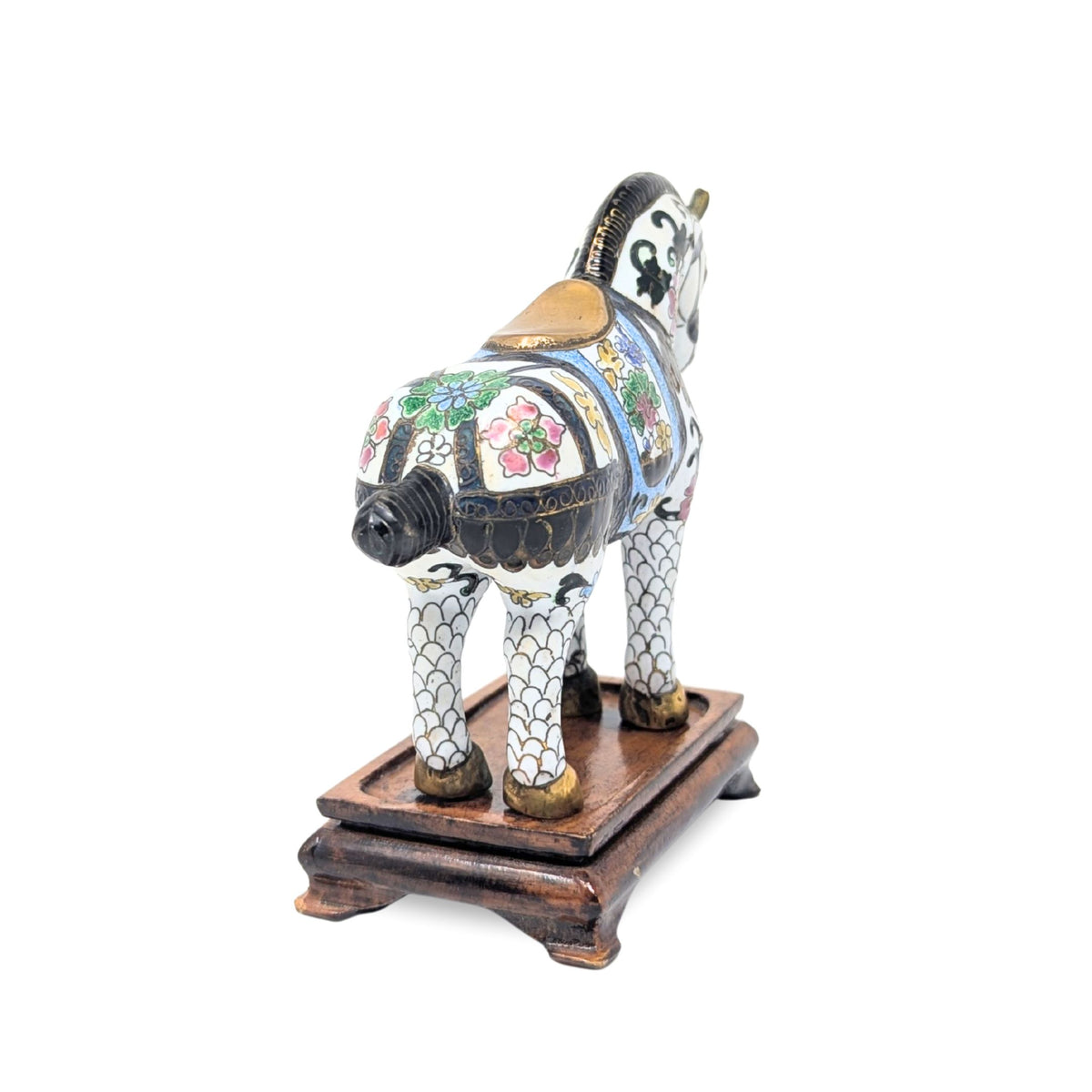 Vintage Chinese Cloisonné Battle Horse Figurine on Stand