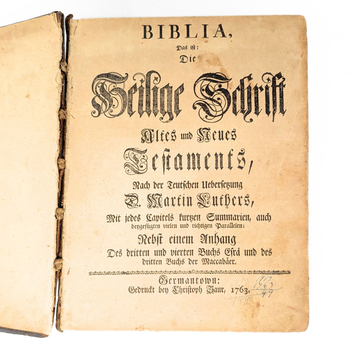 1763 German Bible Published in Germantown, PA by Christoph Sauer II