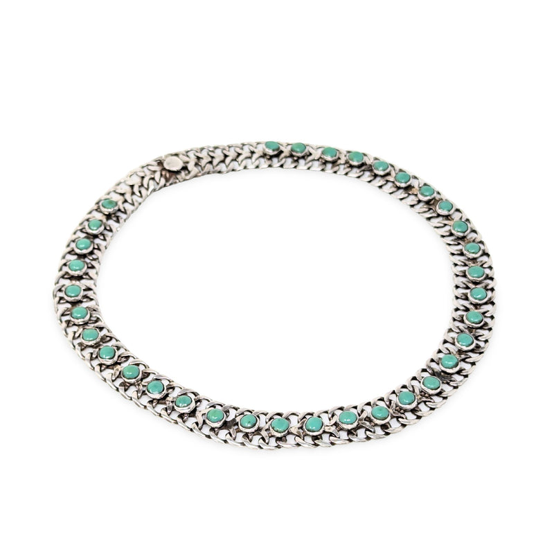 Vintage Sterling Silver & Green Turquoise Cabochon Choker Necklace