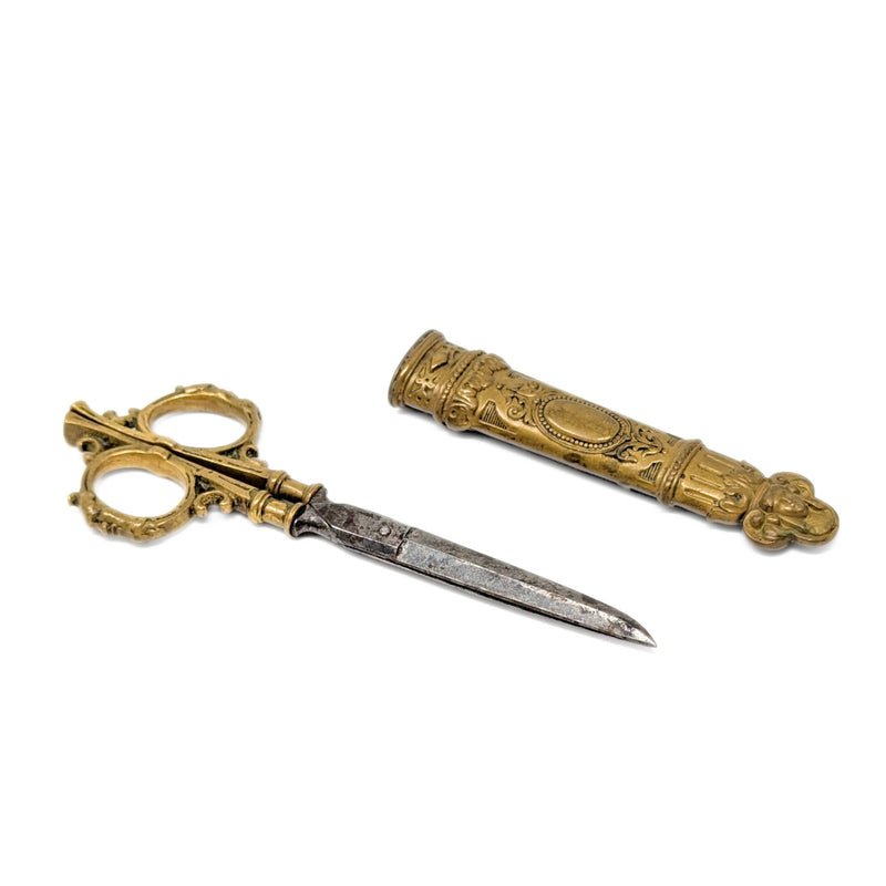 Victorian Brass & Steel Scissors with Decorative Brass Sheath