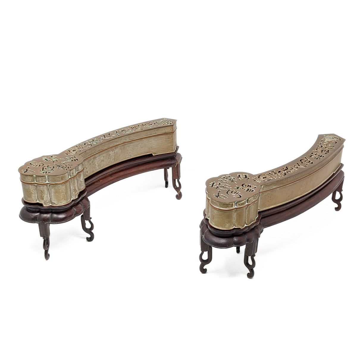 Ruyi Scepter Shaped Chinese Incense Clocks on Rosewood Stands (Pair)