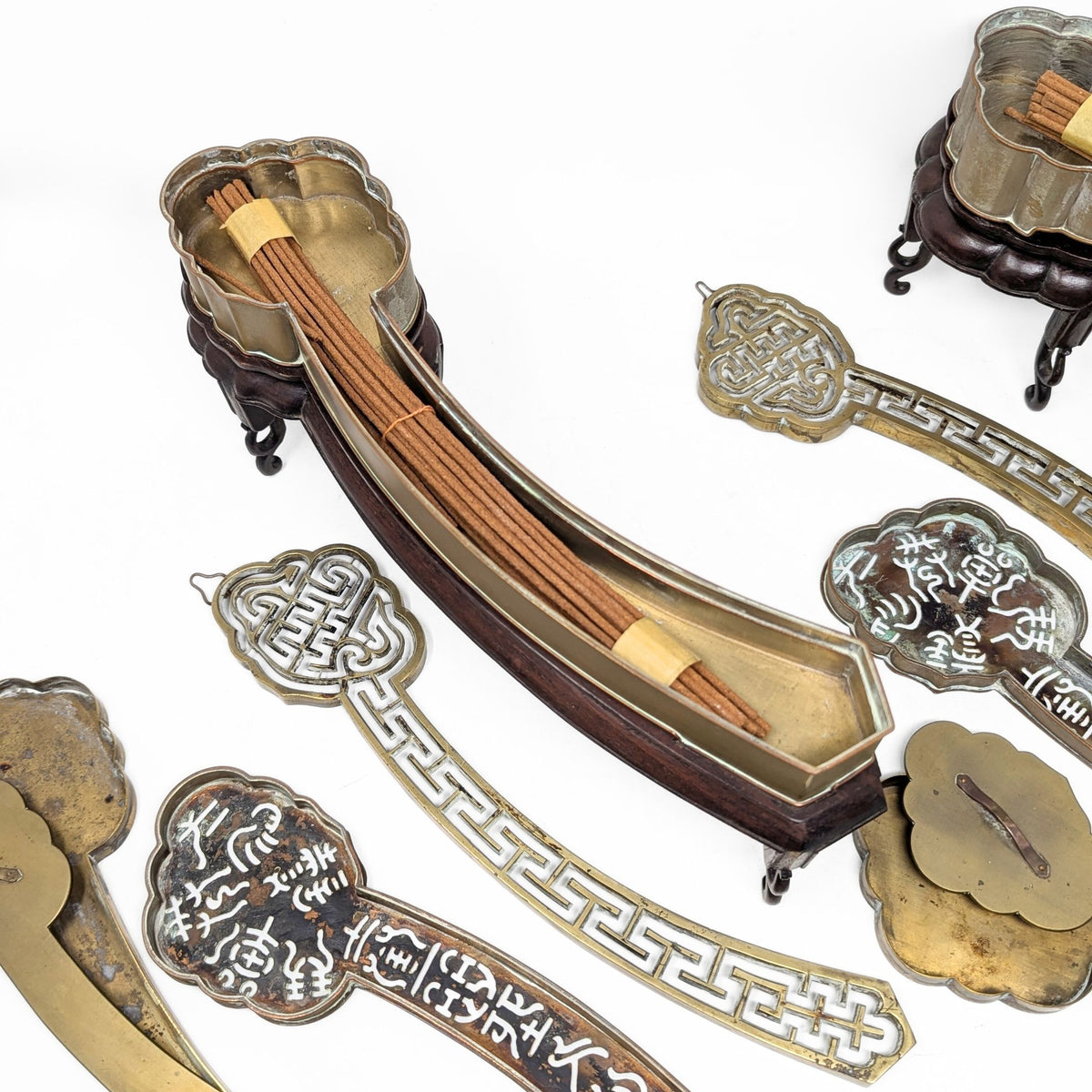 Ruyi Scepter Shaped Chinese Incense Clocks on Rosewood Stands (Pair)