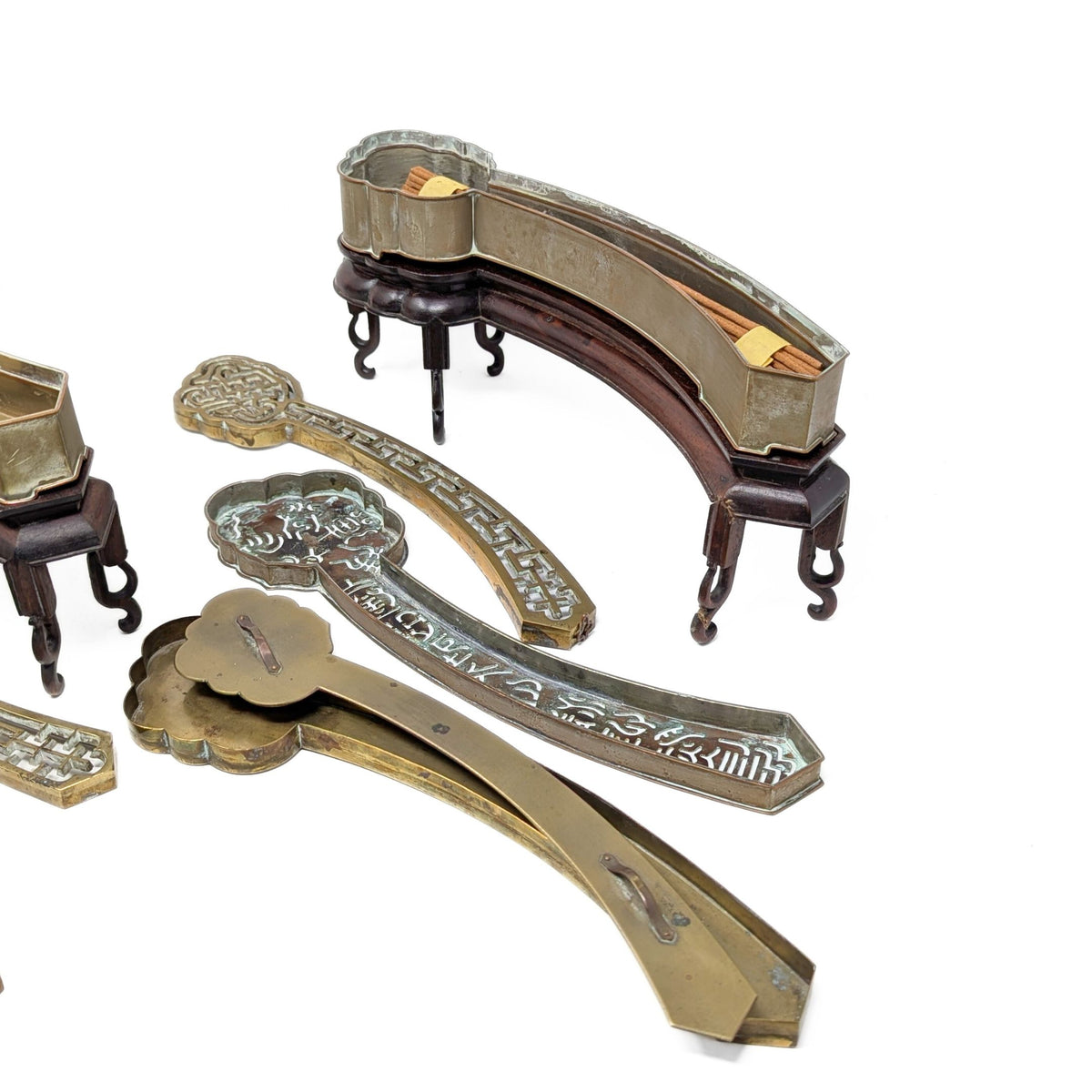 Ruyi Scepter Shaped Chinese Incense Clocks on Rosewood Stands (Pair)