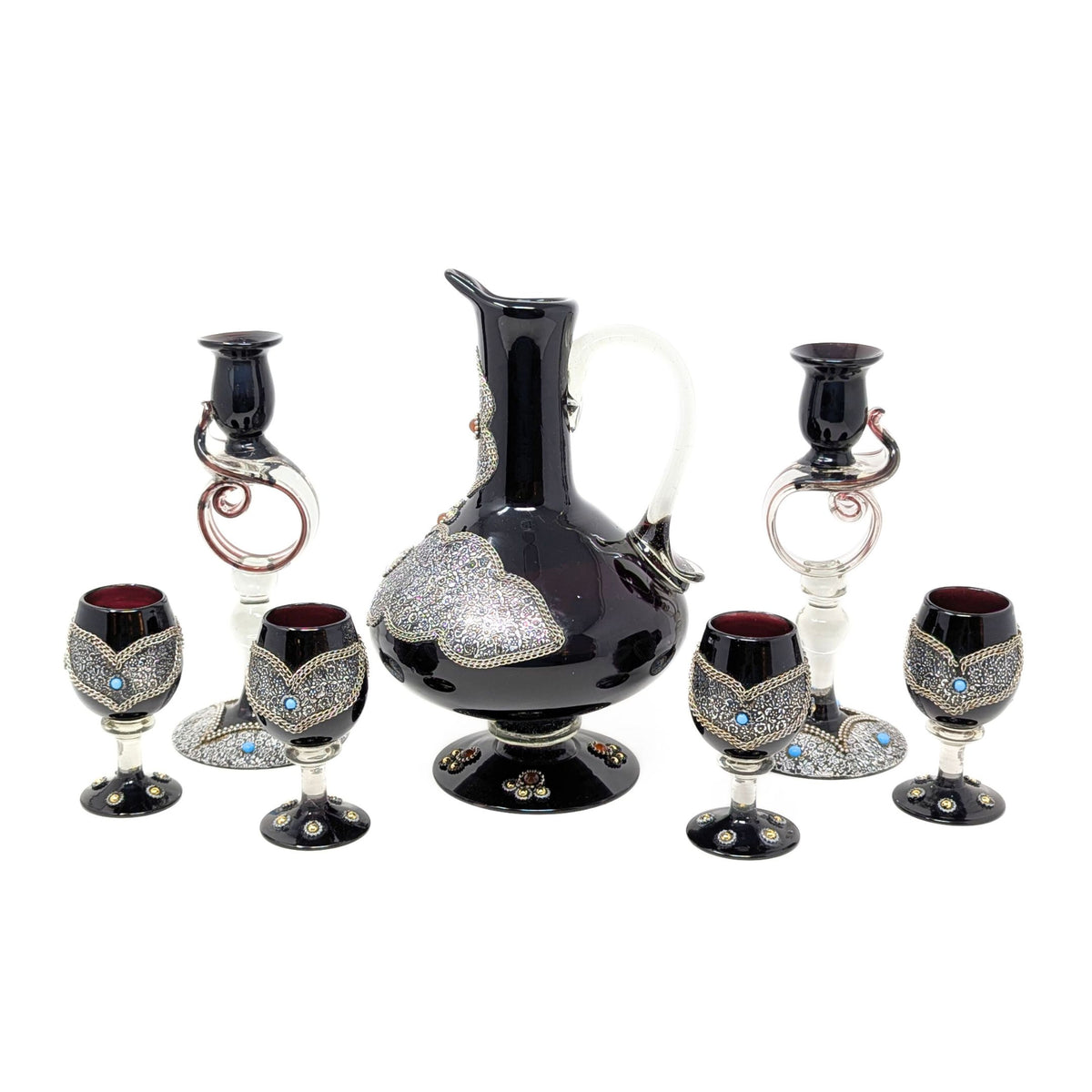 Decorated Bohemian Amethyst Glass Decanter, Glasses, and Candlestick Set