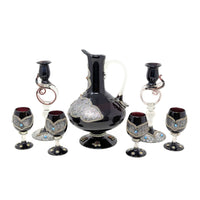 Decorated Bohemian Amethyst Glass Decanter, Glasses, and Candlestick Set