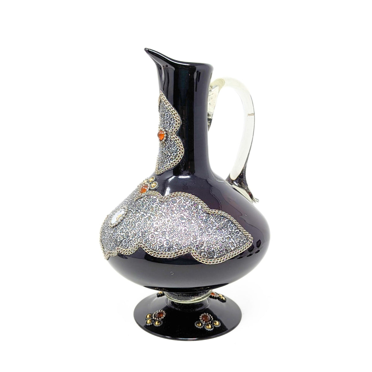Decorated Bohemian Amethyst Glass Decanter, Glasses, and Candlestick Set