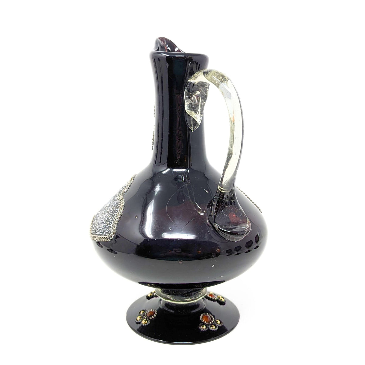 Decorated Bohemian Amethyst Glass Decanter, Glasses, and Candlestick Set