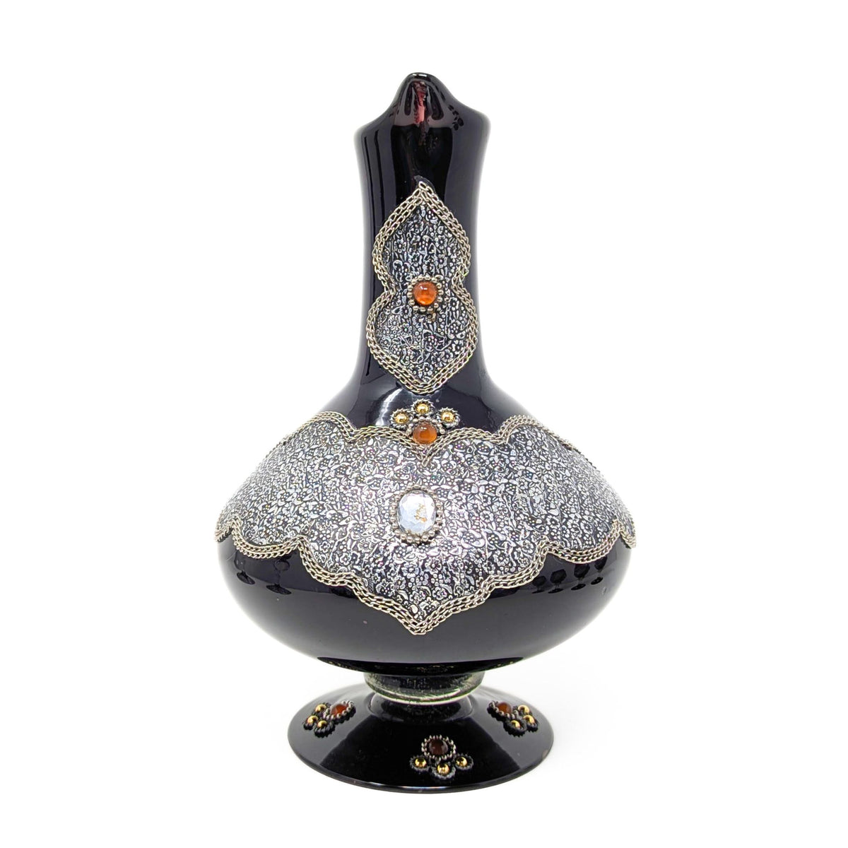 Decorated Bohemian Amethyst Glass Decanter, Glasses, and Candlestick Set
