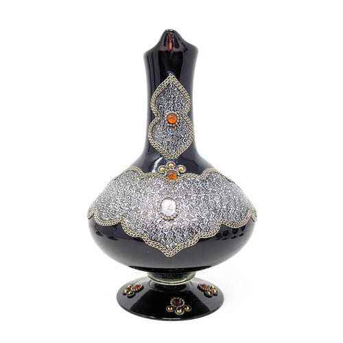 Decorated Bohemian Amethyst Glass Decanter, Glasses, and Candlestick Set