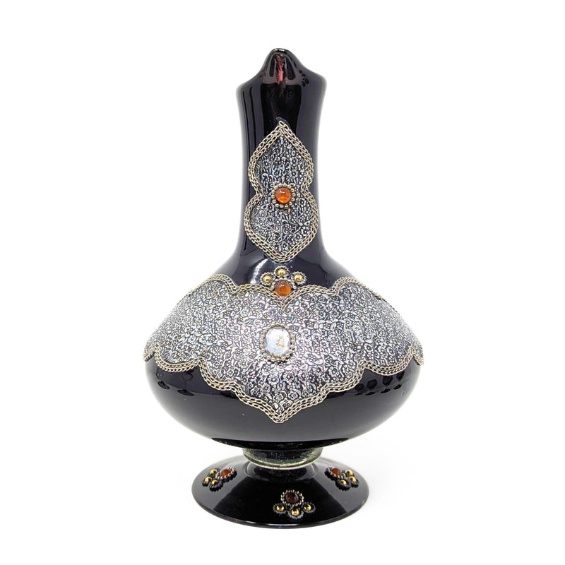 Decorated Bohemian Amethyst Glass Decanter, Glasses, and Candlestick Set
