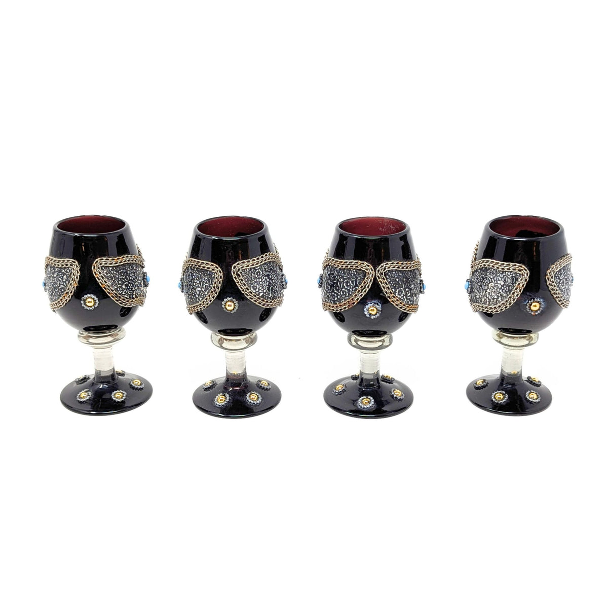 Decorated Bohemian Amethyst Glass Decanter, Glasses, and Candlestick Set