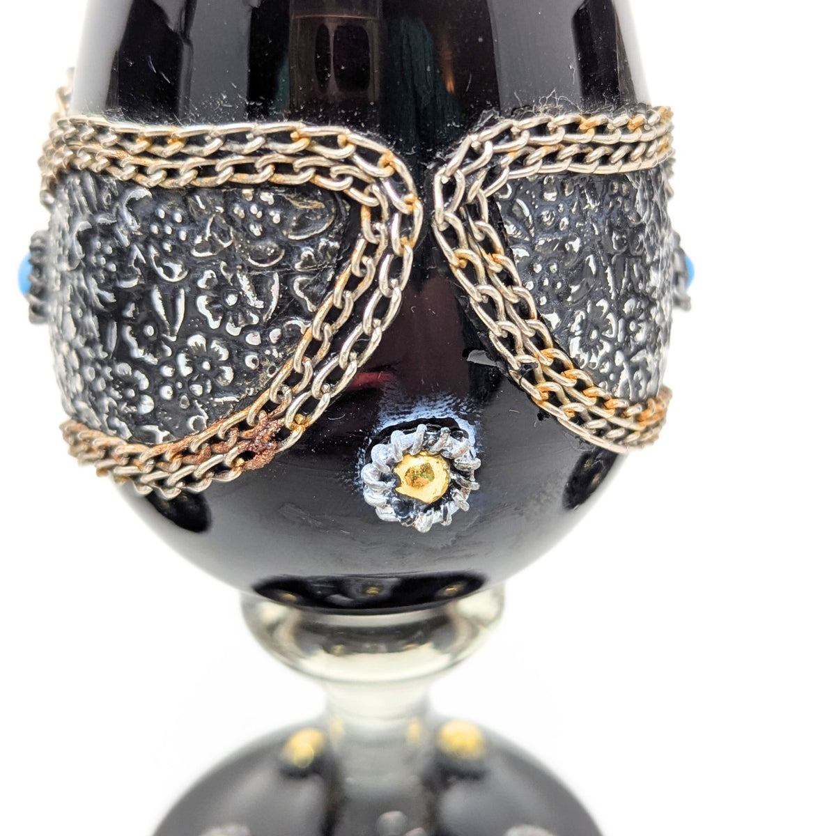 Decorated Bohemian Amethyst Glass Decanter, Glasses, and Candlestick Set