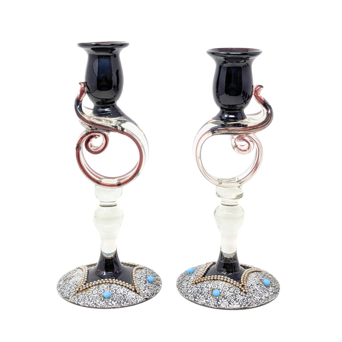 Decorated Bohemian Amethyst Glass Decanter, Glasses, and Candlestick Set