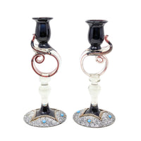 Decorated Bohemian Amethyst Glass Decanter, Glasses, and Candlestick Set
