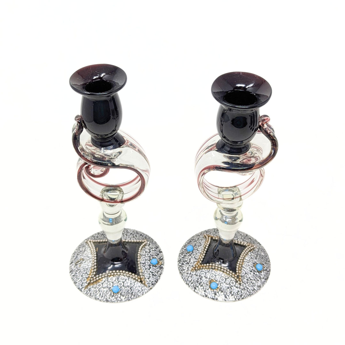 Decorated Bohemian Amethyst Glass Decanter, Glasses, and Candlestick Set