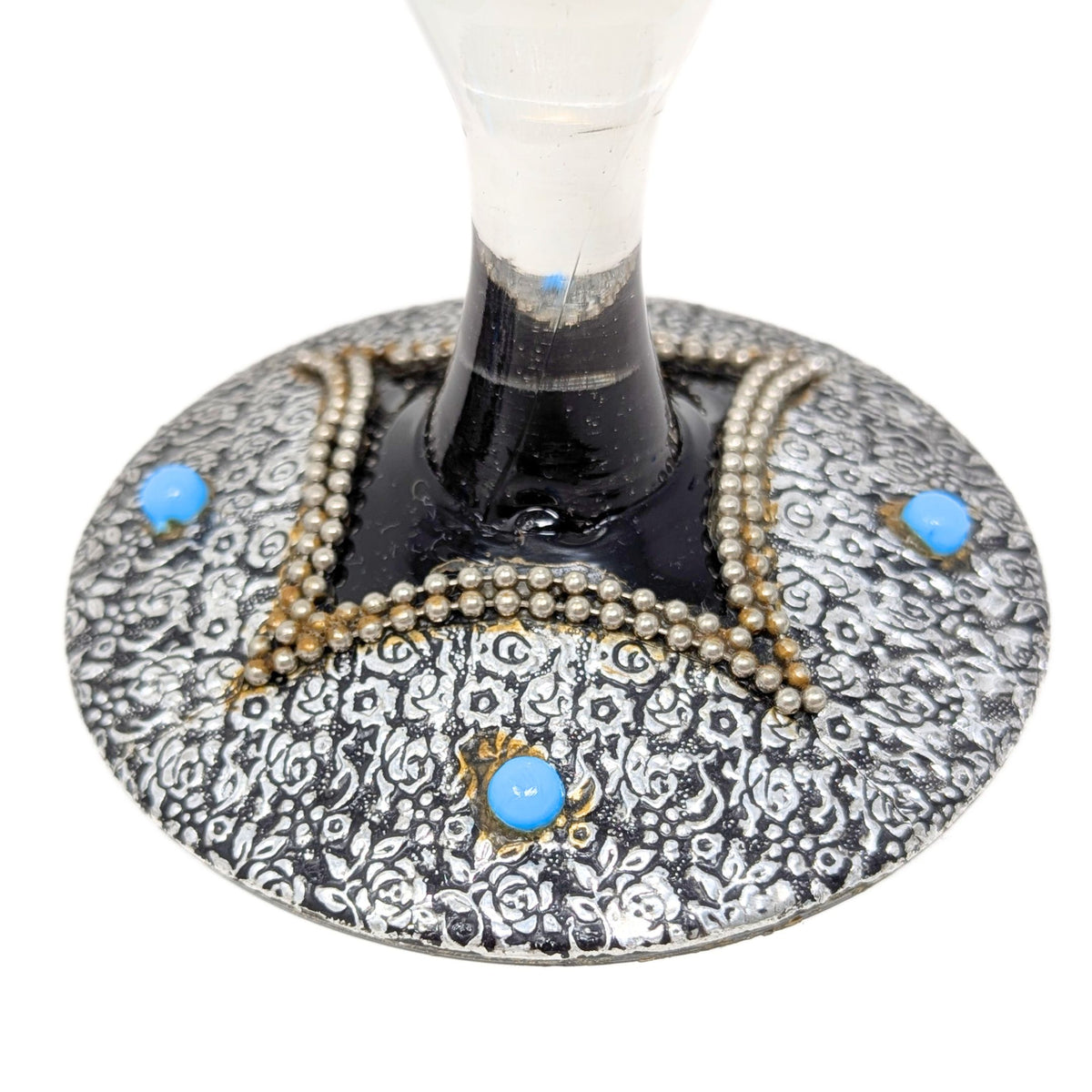 Decorated Bohemian Amethyst Glass Decanter, Glasses, and Candlestick Set