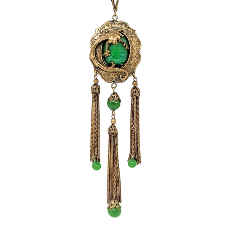 Japanese Vintage 22” Green Jade Bead Dragon/Fire Drake Pendant Necklace