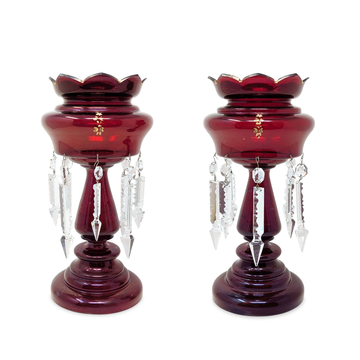 Cranberry Bohemian Glass Mantel Lusters (Pair)