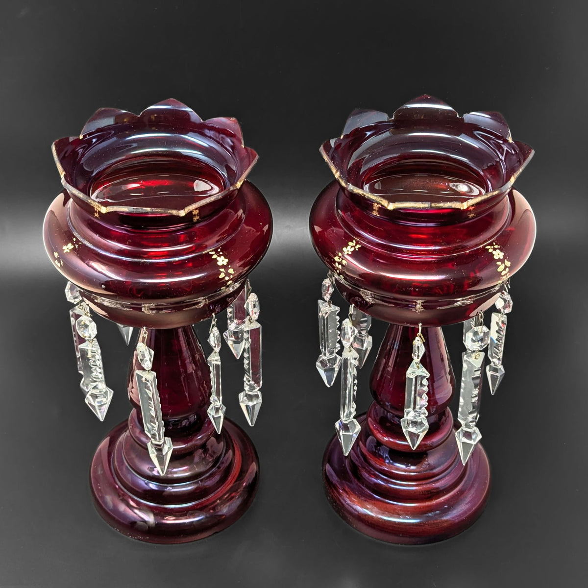 Cranberry Bohemian Glass Mantel Lusters (Pair)